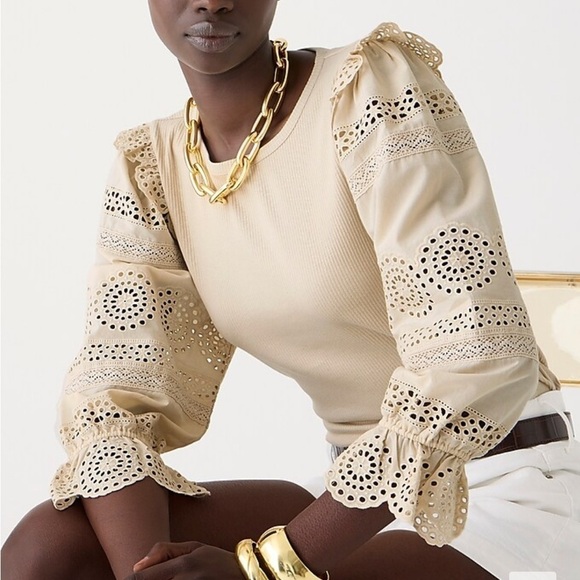 J. Crew Ruffle trim eyelet top in vintage rib shirt BT680 Black XS - Picture 3 of 5